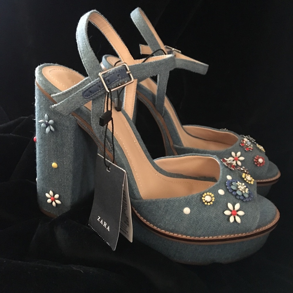 Zara platforms, flower embellishments. USA Size 8